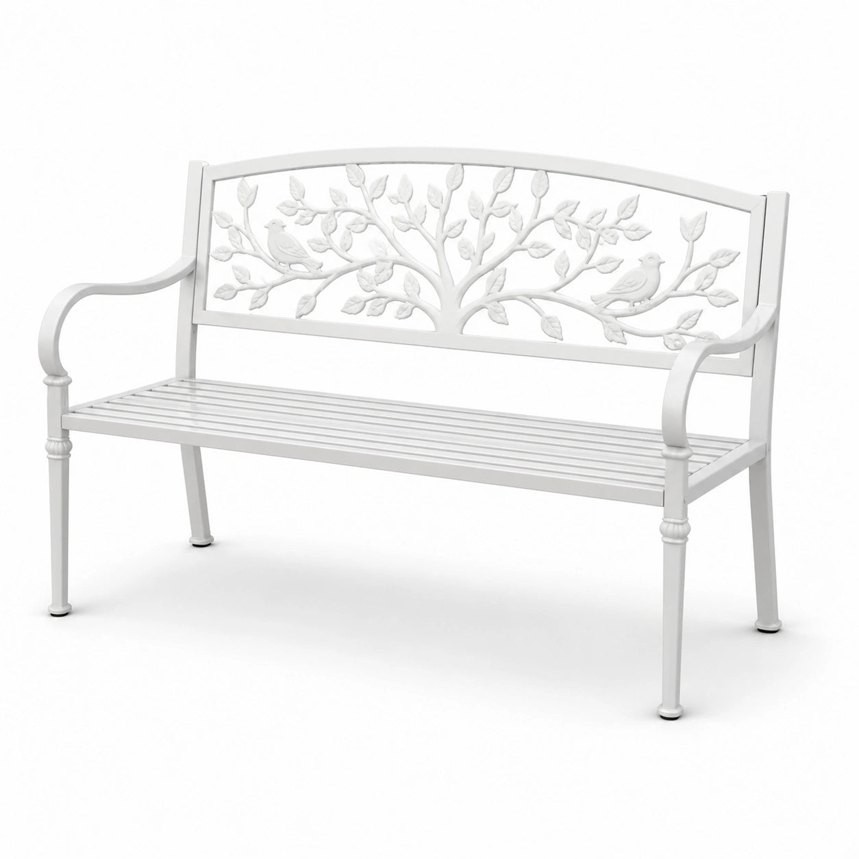 Banco de metal con respaldo decorativo blanco 120 cm