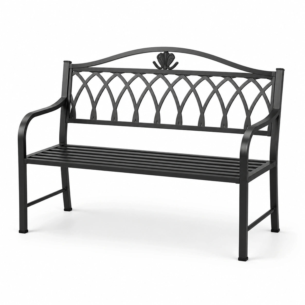 Banco de metal negro con respaldo decorativo