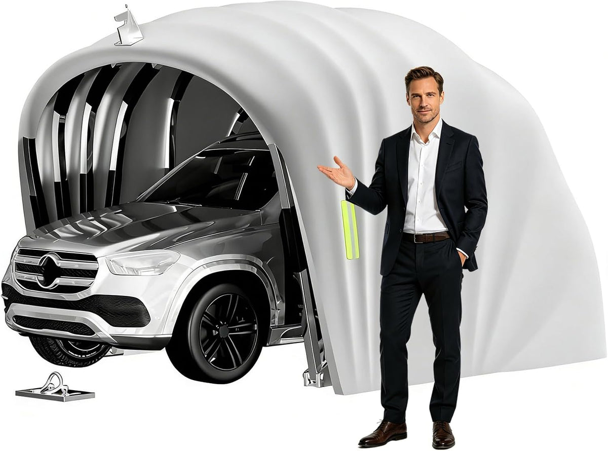 Abrigo para automóvel, EMHKNLD, 5,9 × 2,7m, dobrável, resistente à água, com temporizador, aço inoxidável, aço, Prateado, para utilização no exterior