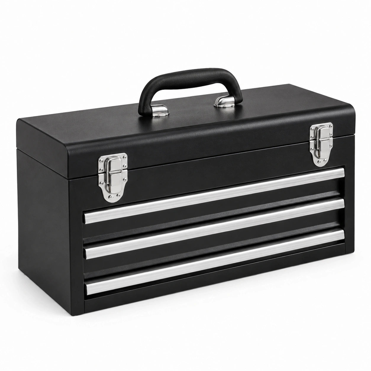 Caja de herramientas de acero con asas de plástico, negra, 3 cajones