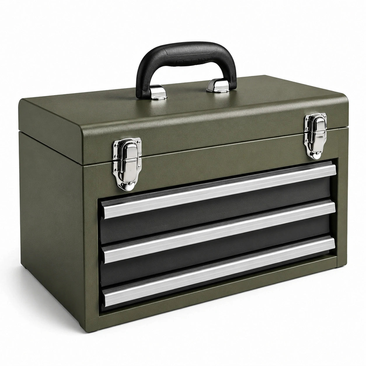 Caja de herramientas de metal verde con 3 cajones