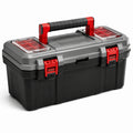Caja de herramientas de plástico negro y rojo con compartimentos 56x28x27 cm