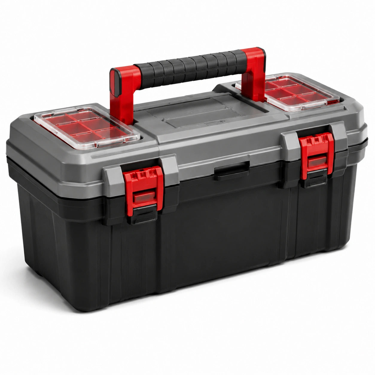 Caja de herramientas de plástico negro y rojo con compartimentos 56x28x27 cm