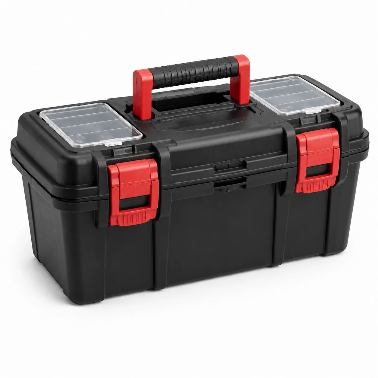 Caja de herramientas de plástico con cierres rojos y compartimentos transparentes