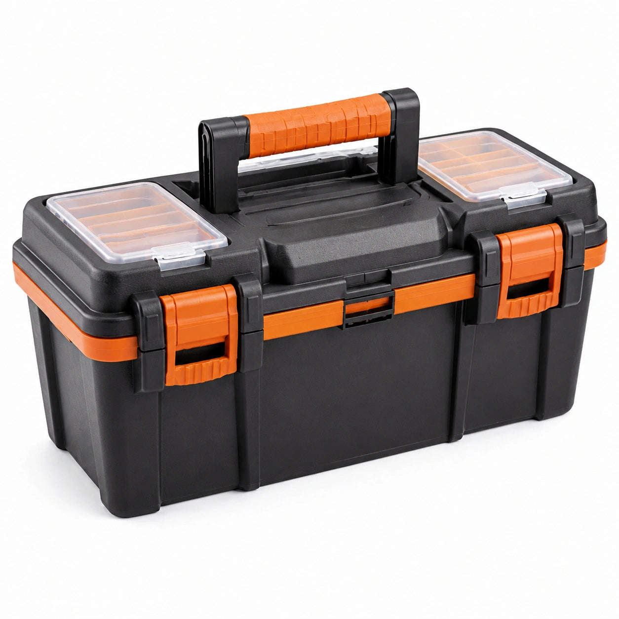 Caja de herramientas de plástico negro con asas naranjas
