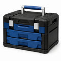 Caja de herramientas de plástico azul y negro con cajones