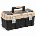 Caja de herramientas de plástico negro/beige con compartimentos acrílicos y cierres metálicos