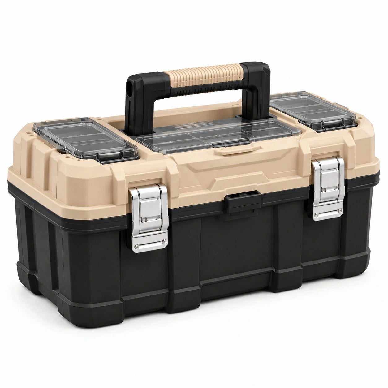 Caja de herramientas de plástico negro/beige con compartimentos acrílicos y cierres metálicos