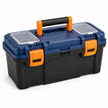 Caja de herramientas de plástico, azul y negro, con compartimentos extraíbles