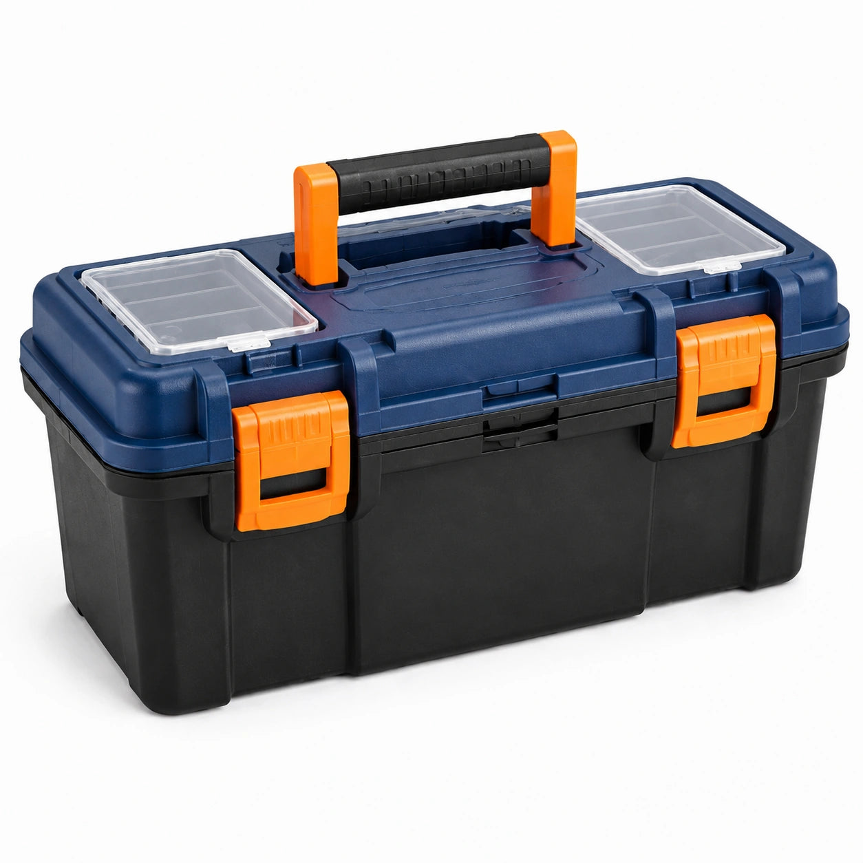 Caja de herramientas de plástico, azul y negro, con compartimentos extraíbles