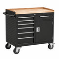Carro de herramientas de acero con encimera de madera y puerta con cerradura, negro
