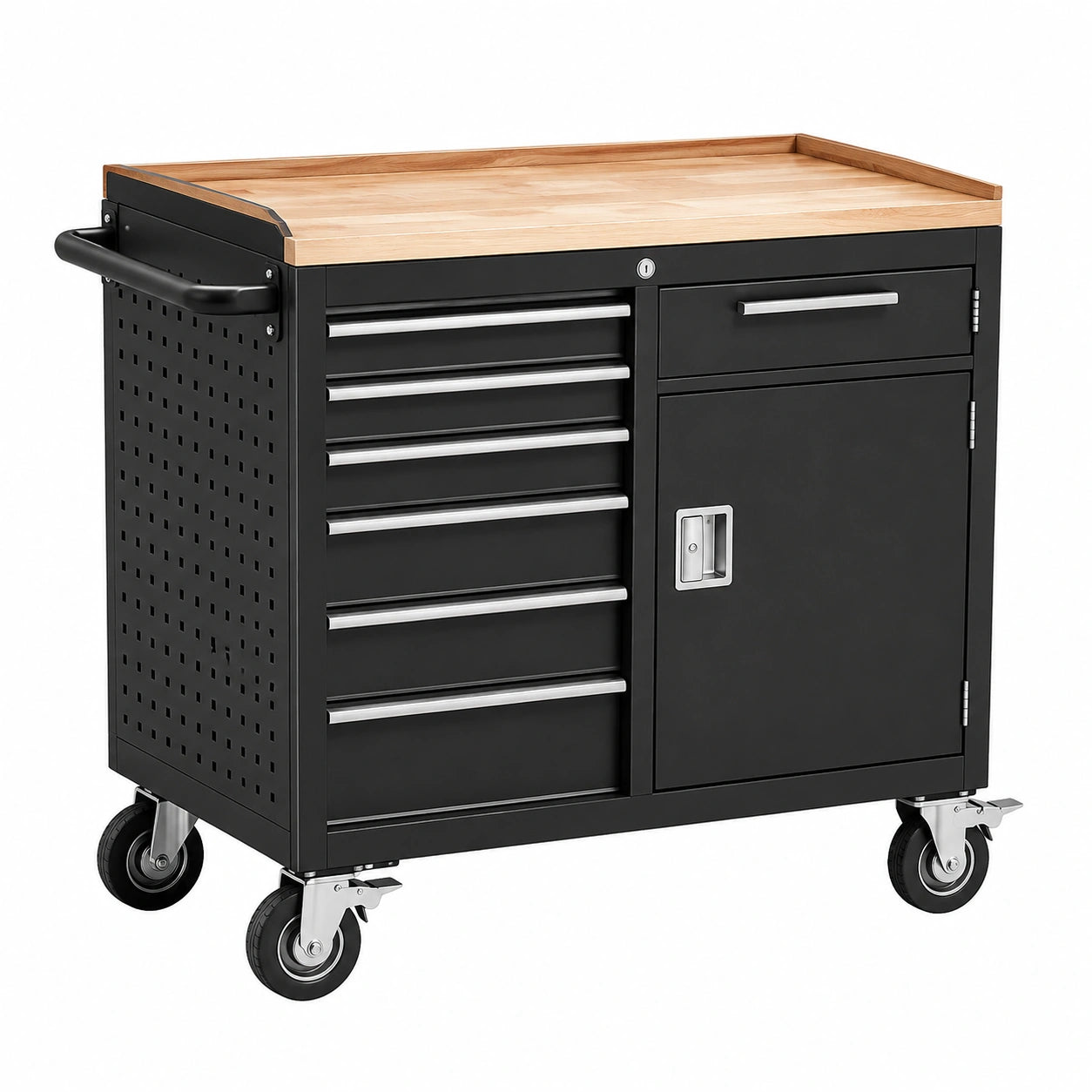Carro de herramientas de acero con encimera de madera y puerta con cerradura, negro