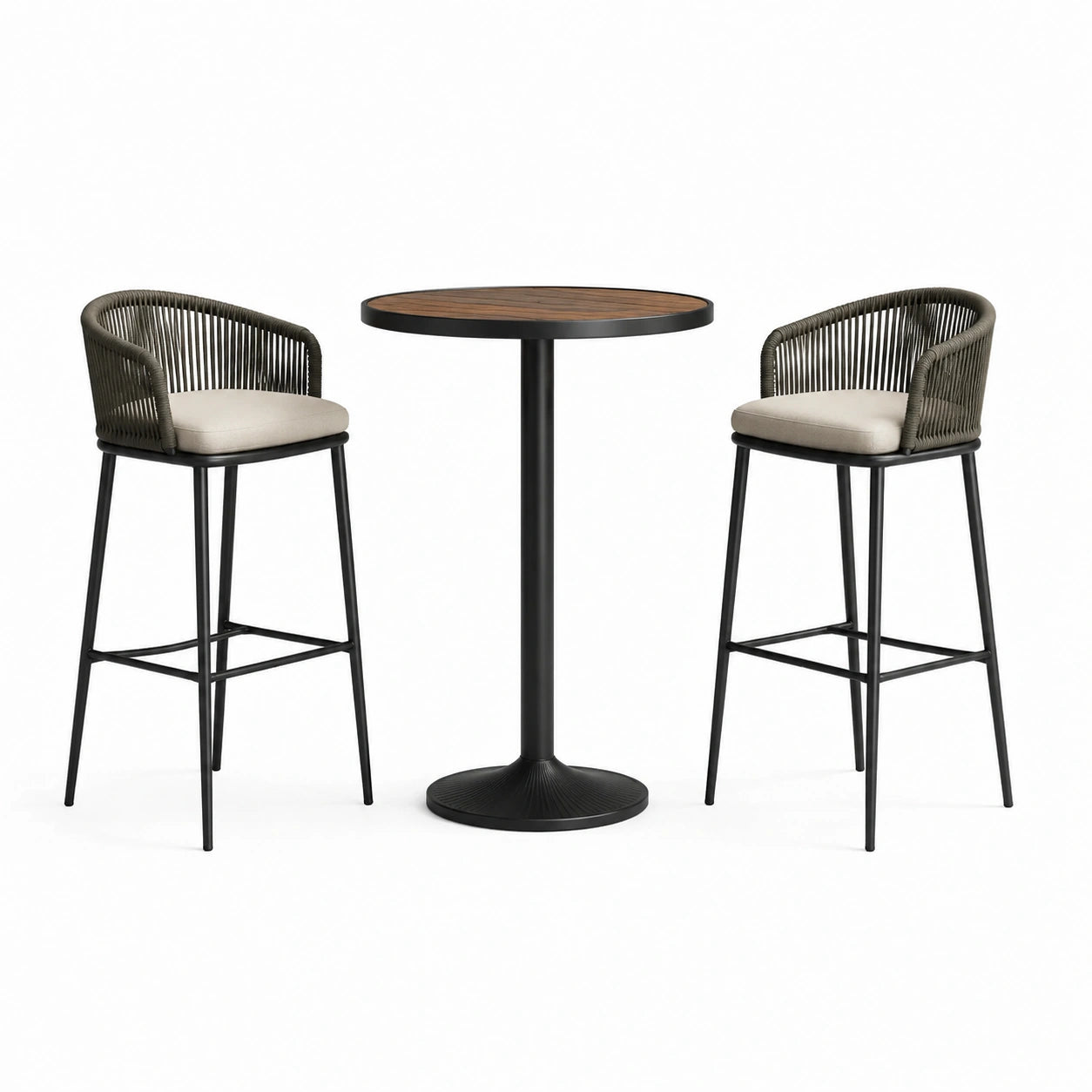 Juego de bar exterior de metal y madera con sillas de cuerda