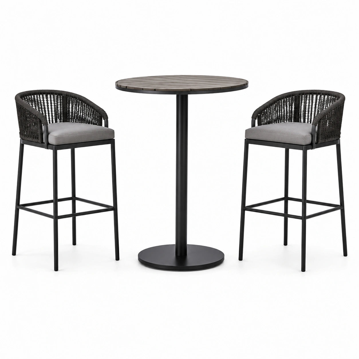 Conjunto de bar con mesa redonda de aluminio y sillas de ratán sintético, negro/gris