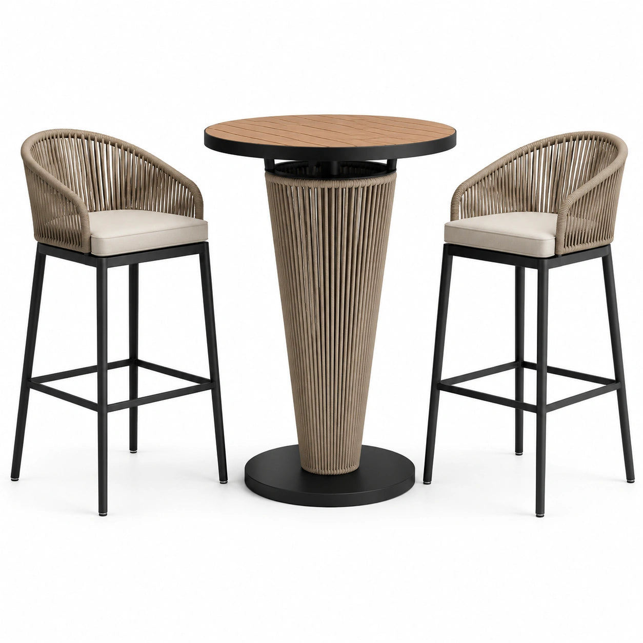 Conjunto de bar de teca con mesa alta y sillas de cuerda y metal, marrón/beige
