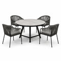 Conjunto de comedor exterior con mesa redonda de cemento y sillas de cuerda gris oscuro
