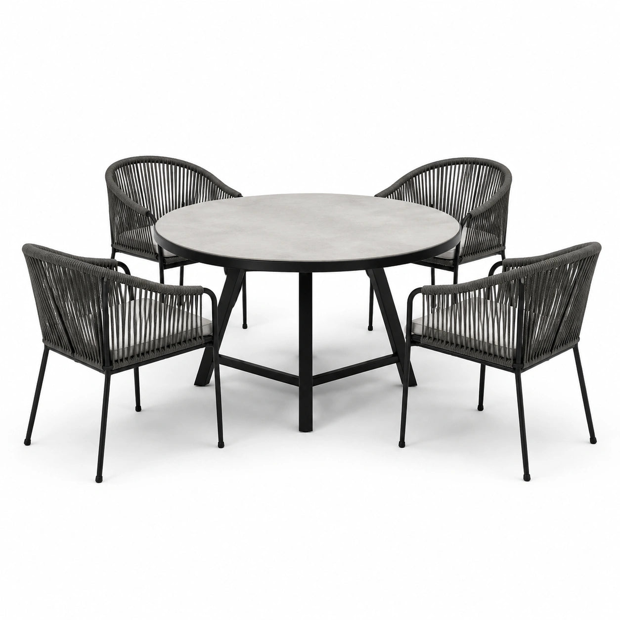 Conjunto de comedor exterior con mesa redonda de cemento y sillas de cuerda gris oscuro