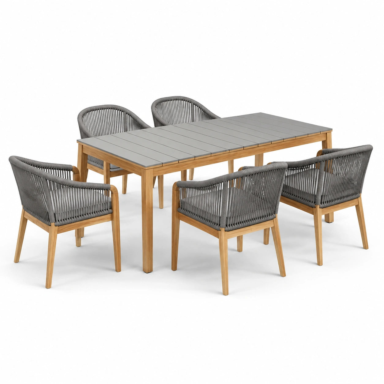 Conjunto de comedor de jardín de teca y cuerda gris