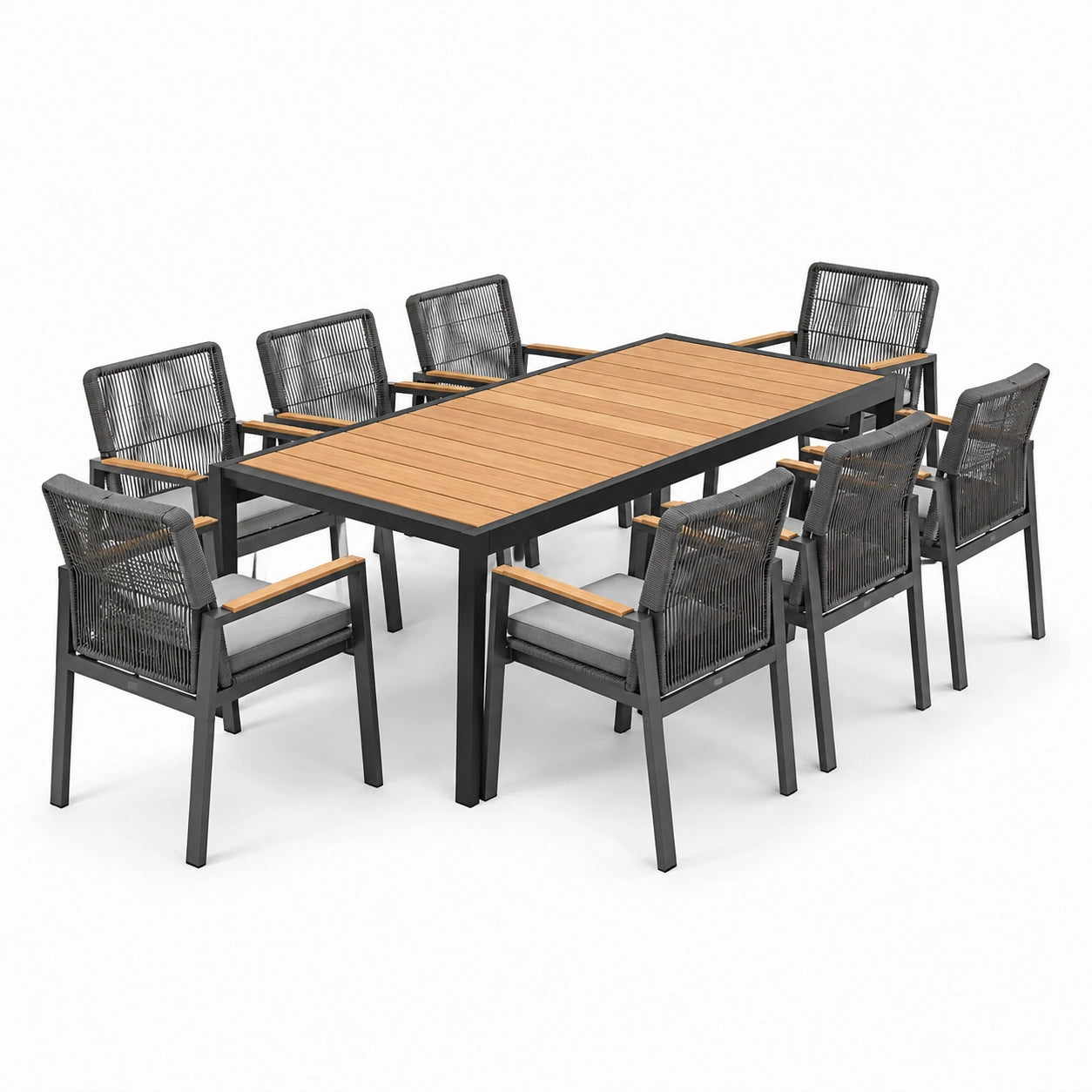Conjunto de comedor exterior de aluminio y teca para 8 personas