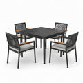 Conjunto de comedor exterior de aluminio con sillas de cuerda y cojines grises
