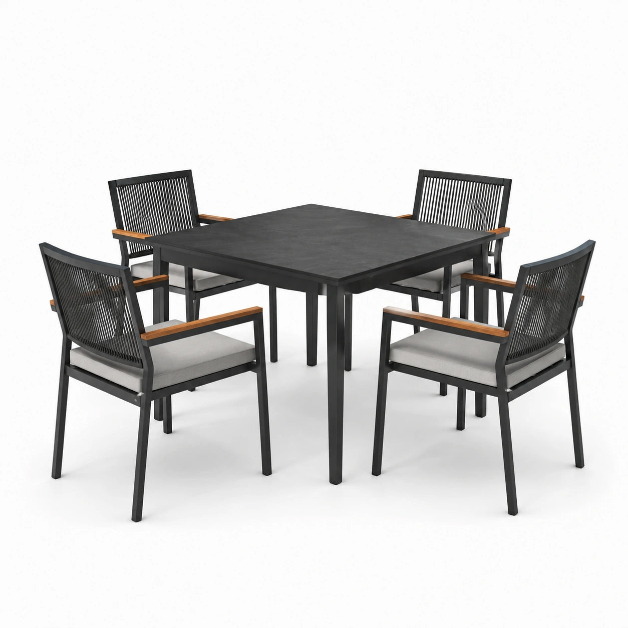 Conjunto de comedor exterior de aluminio con sillas de cuerda y cojines grises