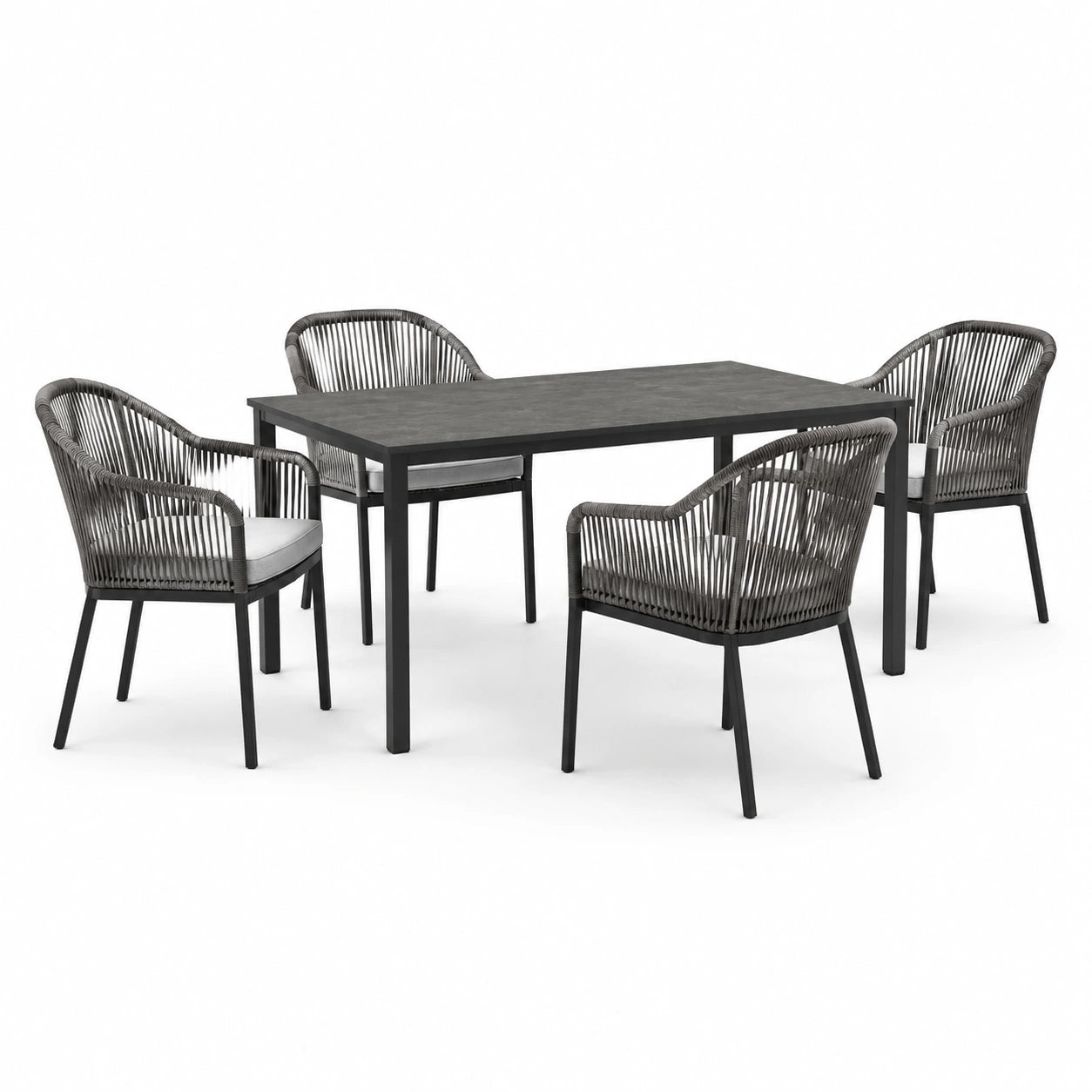 Conjunto de comedor exterior con mesa de aluminio y 4 sillas de cuerda gris