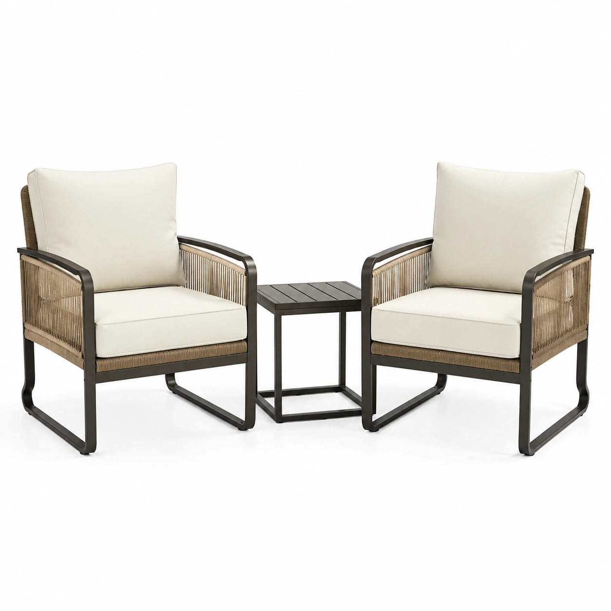 Conjunto de jardín con sillas de aluminio, cuerda trenzada y mesa de acero, cojines beige