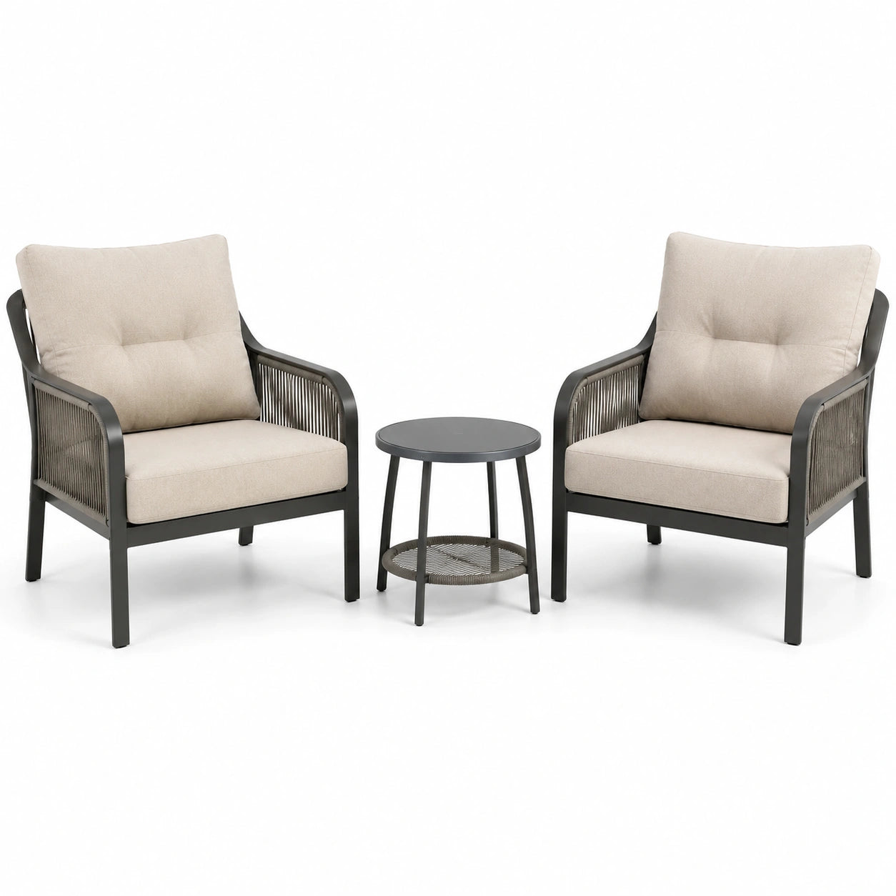 Conjunto de jardín con 2 sillones de aluminio y mesa auxiliar redonda