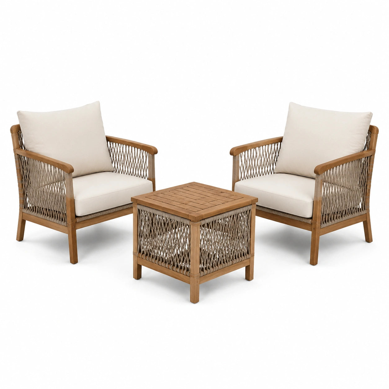 Juego de muebles de madera y mimbre beige para exteriores