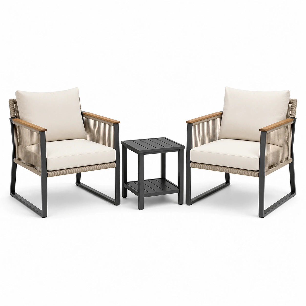 Conjunto de Muebles de Jardín de Aluminio con Sillones y Mesa Cuadrada Crema y Negro