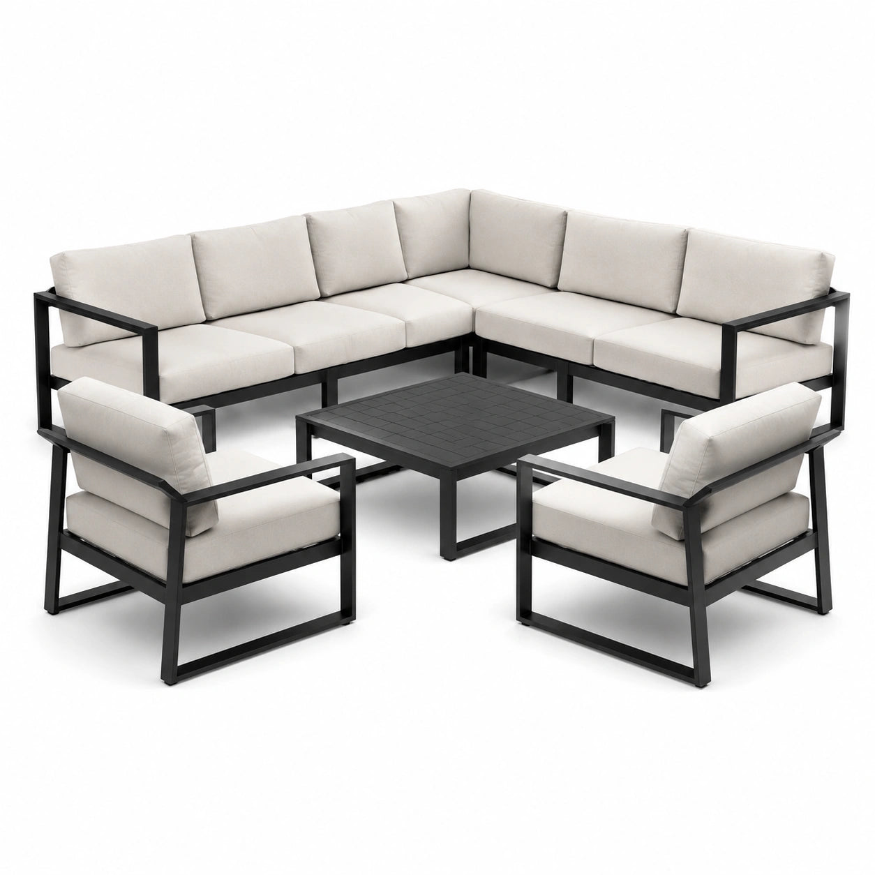 Conjunto de jardín de aluminio negro con cojines gris claro