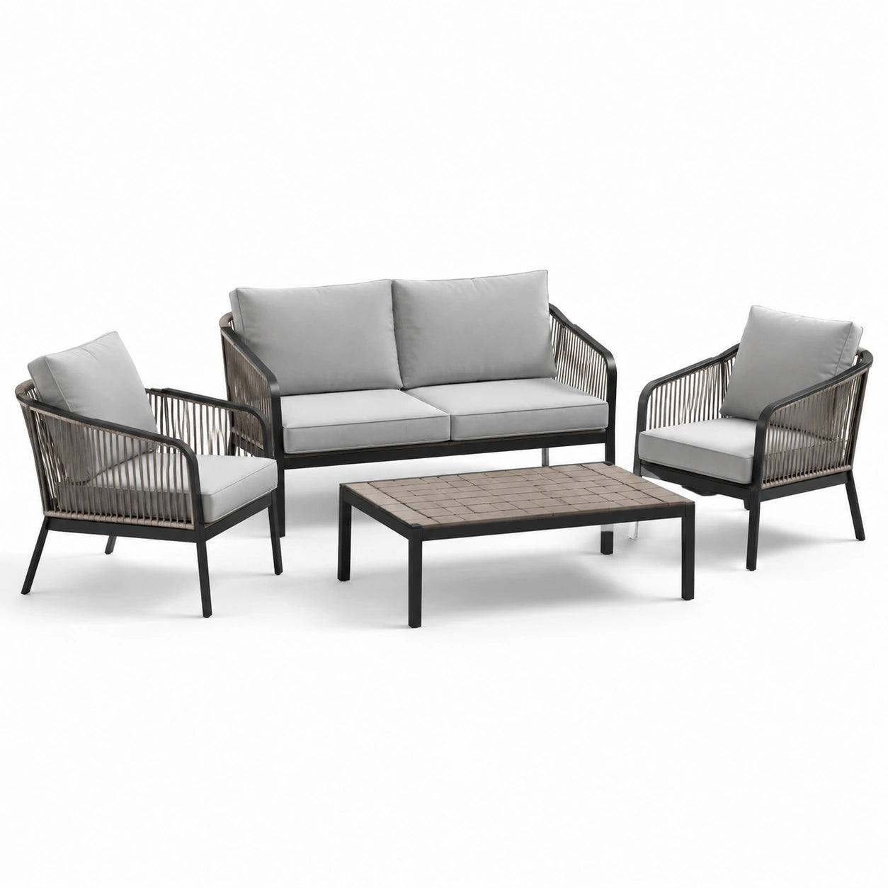 Conjunto de muebles de exterior en aluminio y cuerda con cojines grises