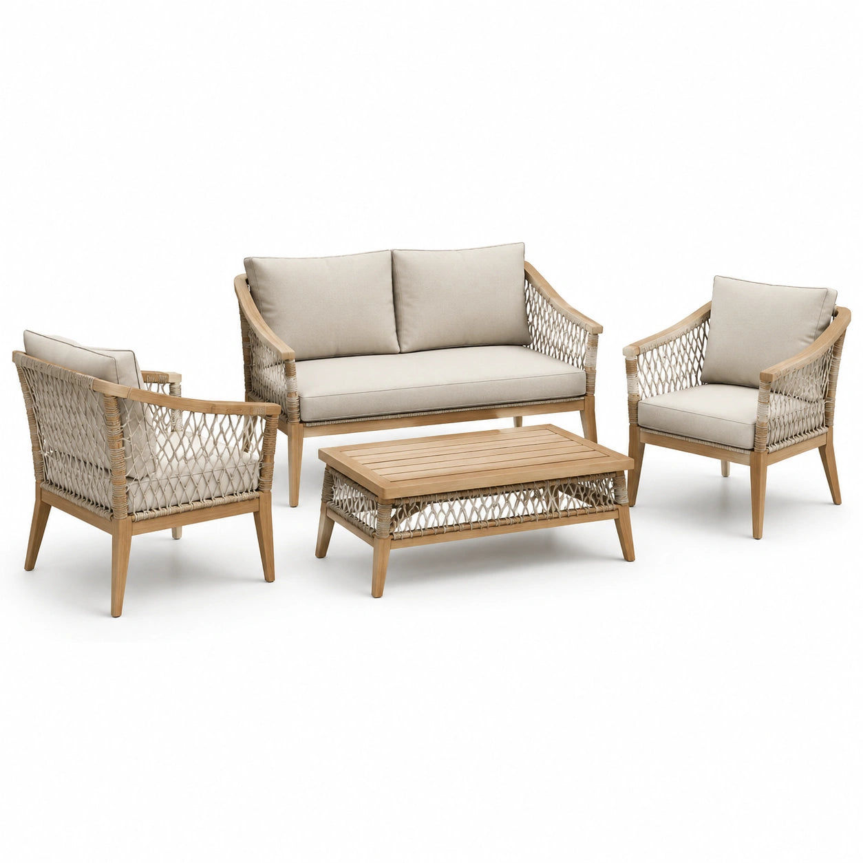 Conjunto de jardín de madera de teca y cuerda con cojines beige