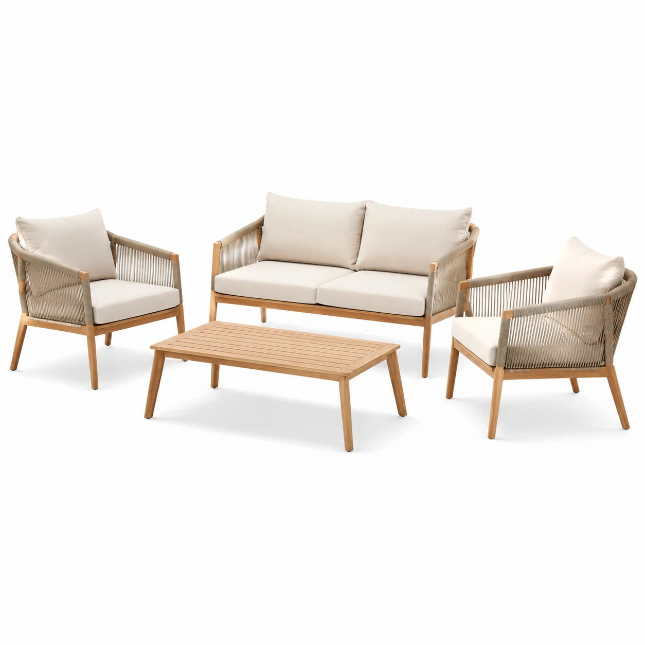 Conjunto de muebles de jardín en madera de acacia y cojines crema