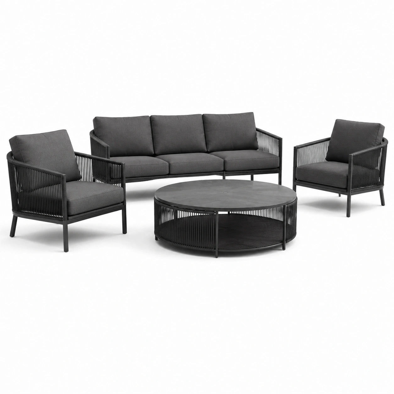 Conjunto de Muebles de Jardín: Sofá de 3 Plazas, 2 Sillones y Mesa Redonda de Aluminio con Cojines de Poliéster Gris Oscuro