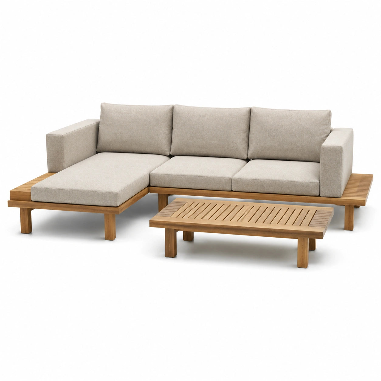 Conjunto de sofá seccional en L de teca y cojines beige