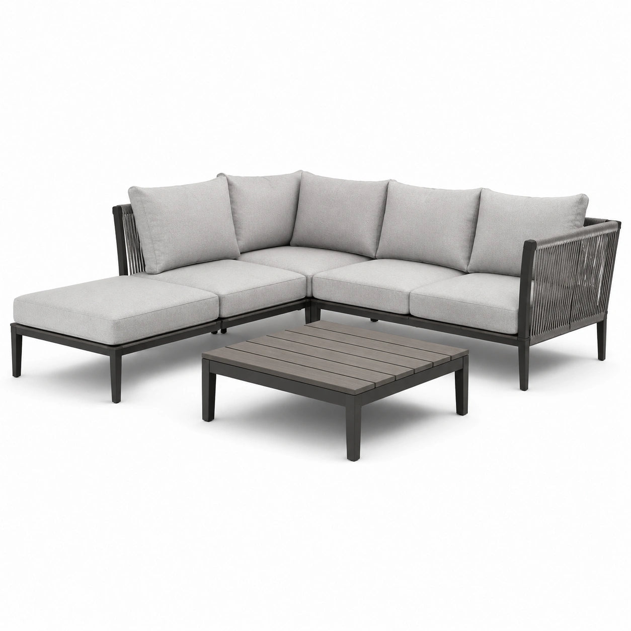 Conjunto de sofás en L de aluminio con cojines de poliéster gris claro