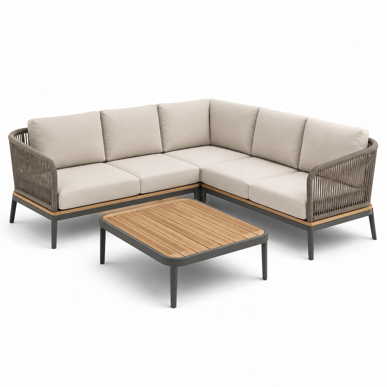 Conjunto de sofá en L para exterior con aluminio y cuerda de poliéster