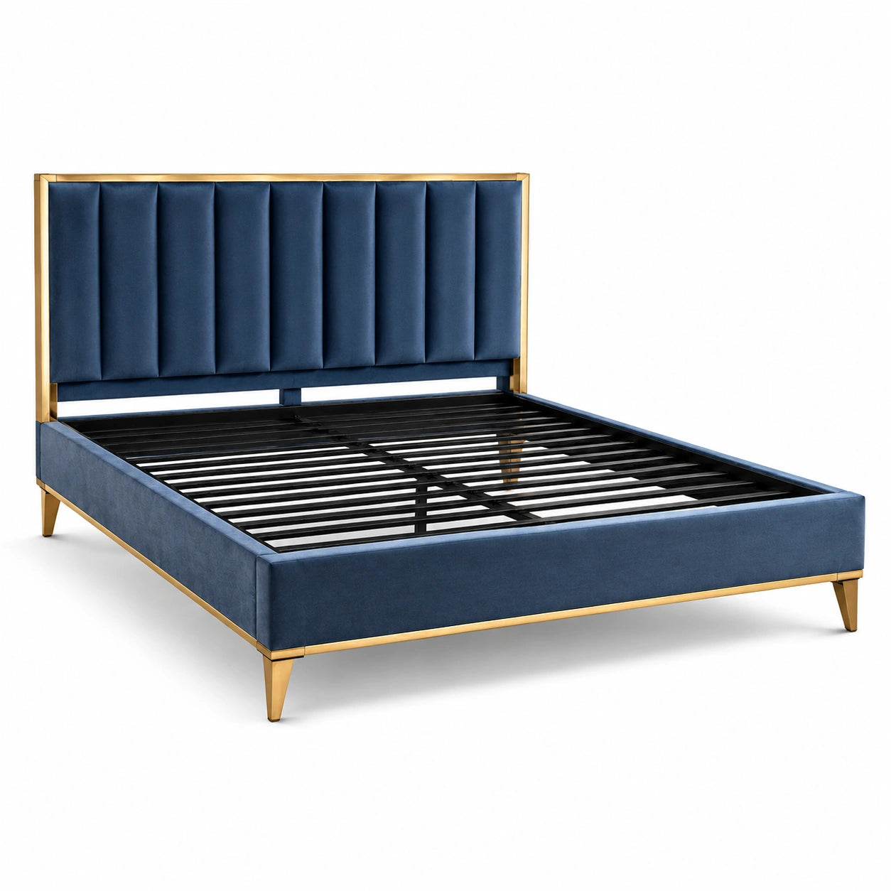 Cama tapizada en terciopelo azul con marco dorado 200x160 cm