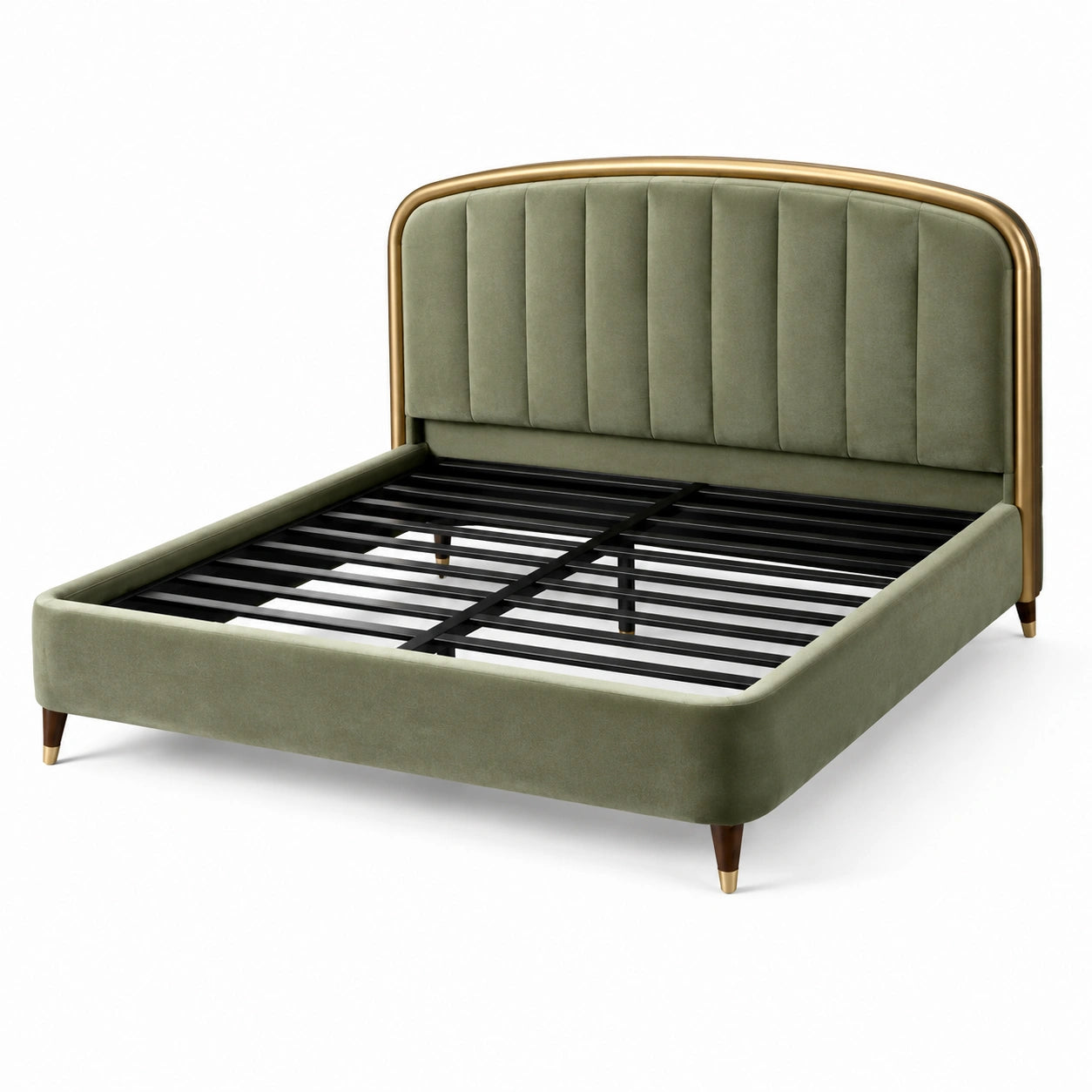 Cama de terciopelo verde con cabecero curvado y patas metálicas
