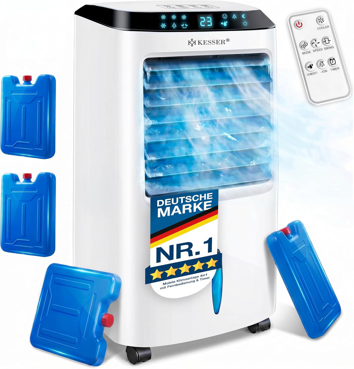 Ar condicionado portátil, KESSER, Mobile, 10L, 3 níveis, com comando à distância, com temporizador, com rodas, Mehrfarbig, para uso diário