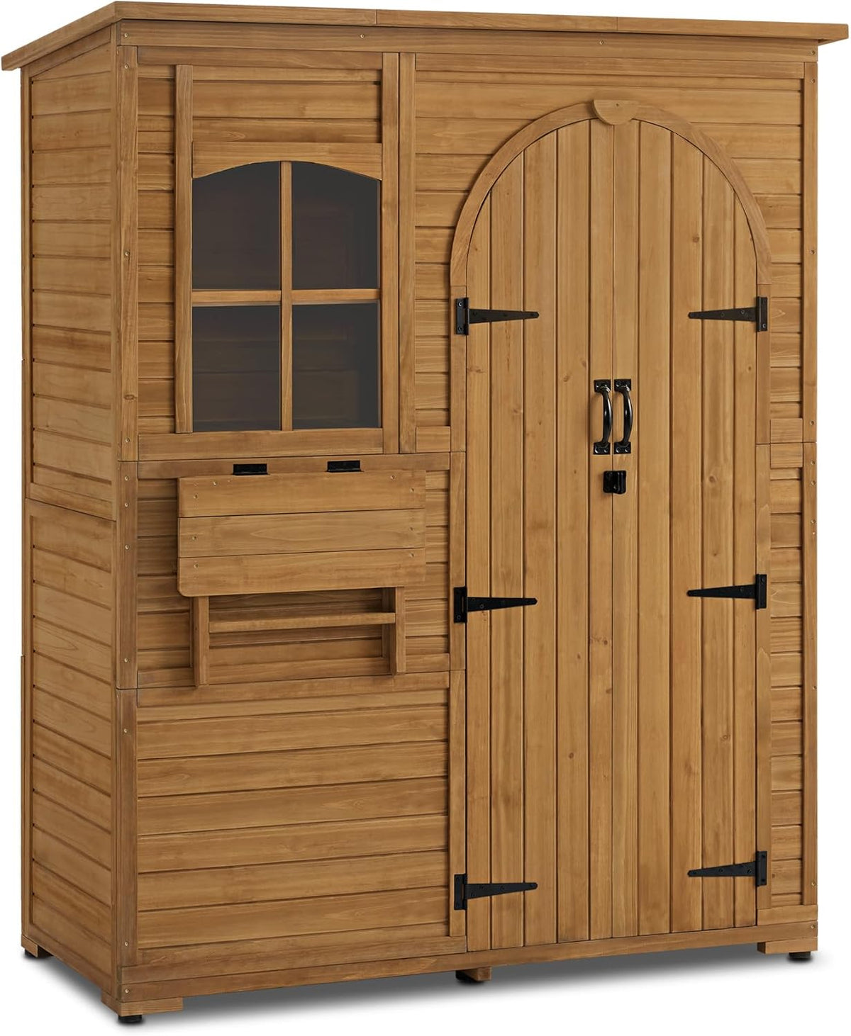 Abrigo de jardim, M MCombo, Gartenschrank, 185 cm, 73 × 144 × 185 cm, dobrável, resistente à água, madeira, Natural, para utilização no exterior