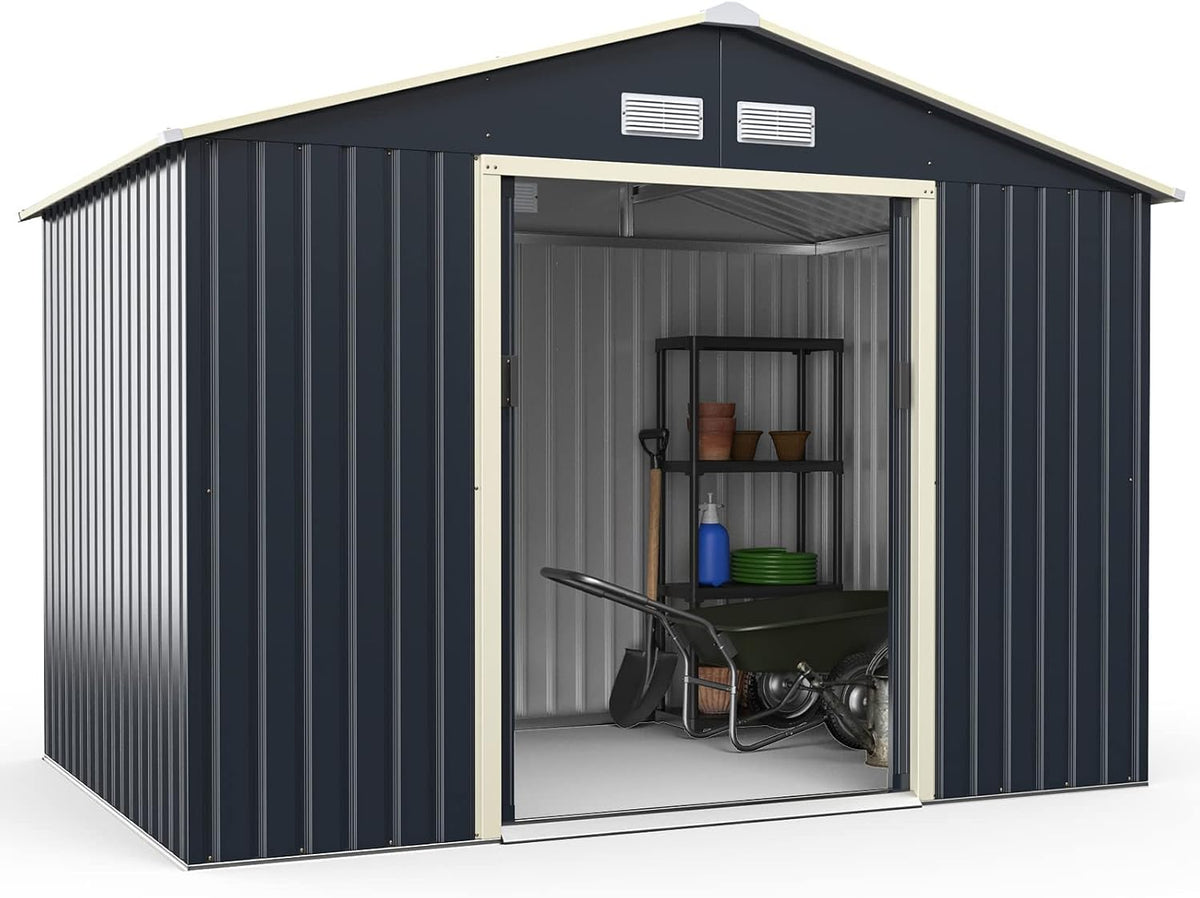 Abrigo de jardim, COSTWAY, Ger, 277 × 191 × 202 cm, com rodas, aço, metal, Cinzento, para utilização no exterior