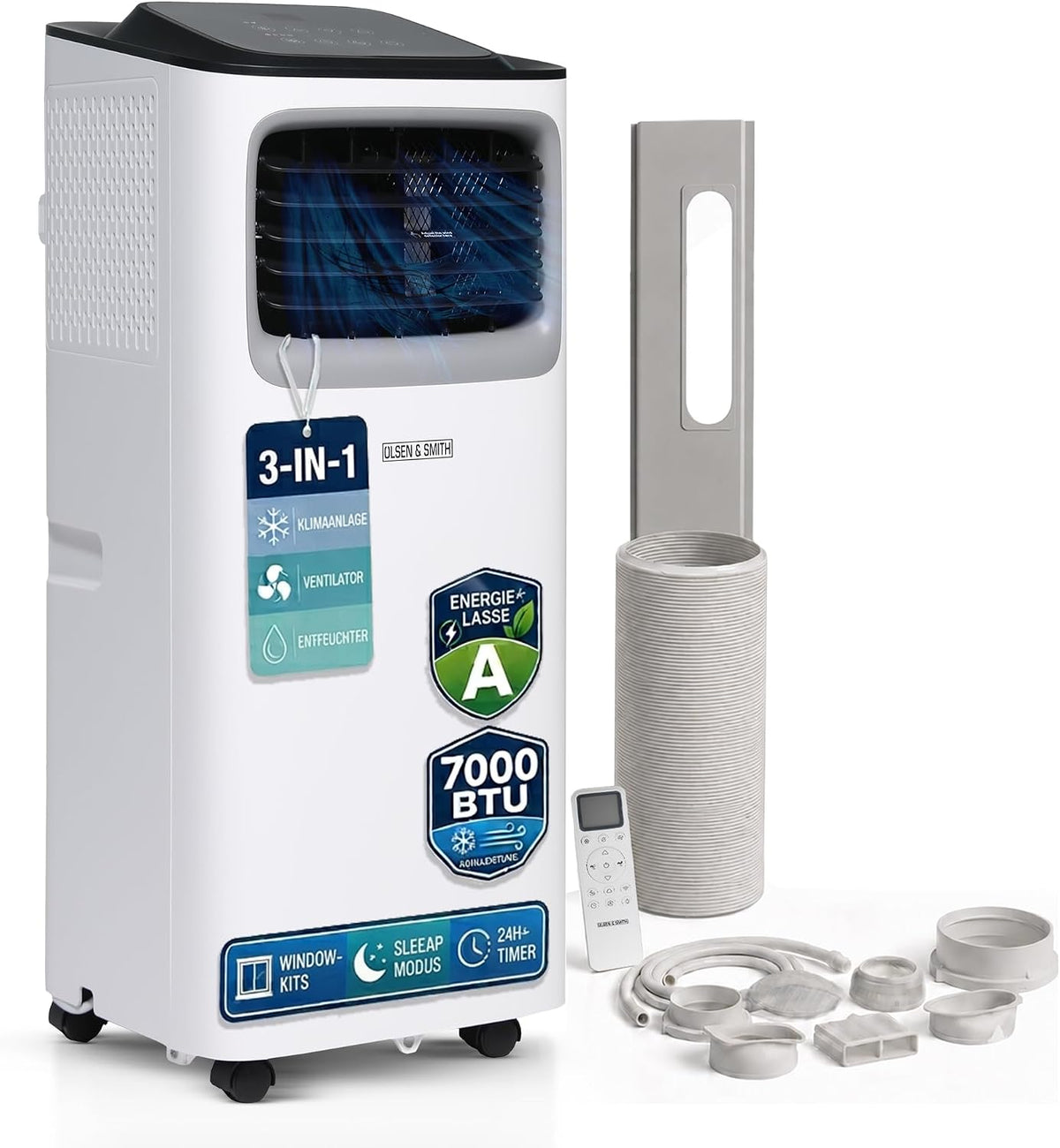 Ar condicionado portátil, Olsen & Smith, 7000, 2,0 kW, 2000 W, com comando à distância, com temporizador, tecido, Mehrfarbig, para uso diário