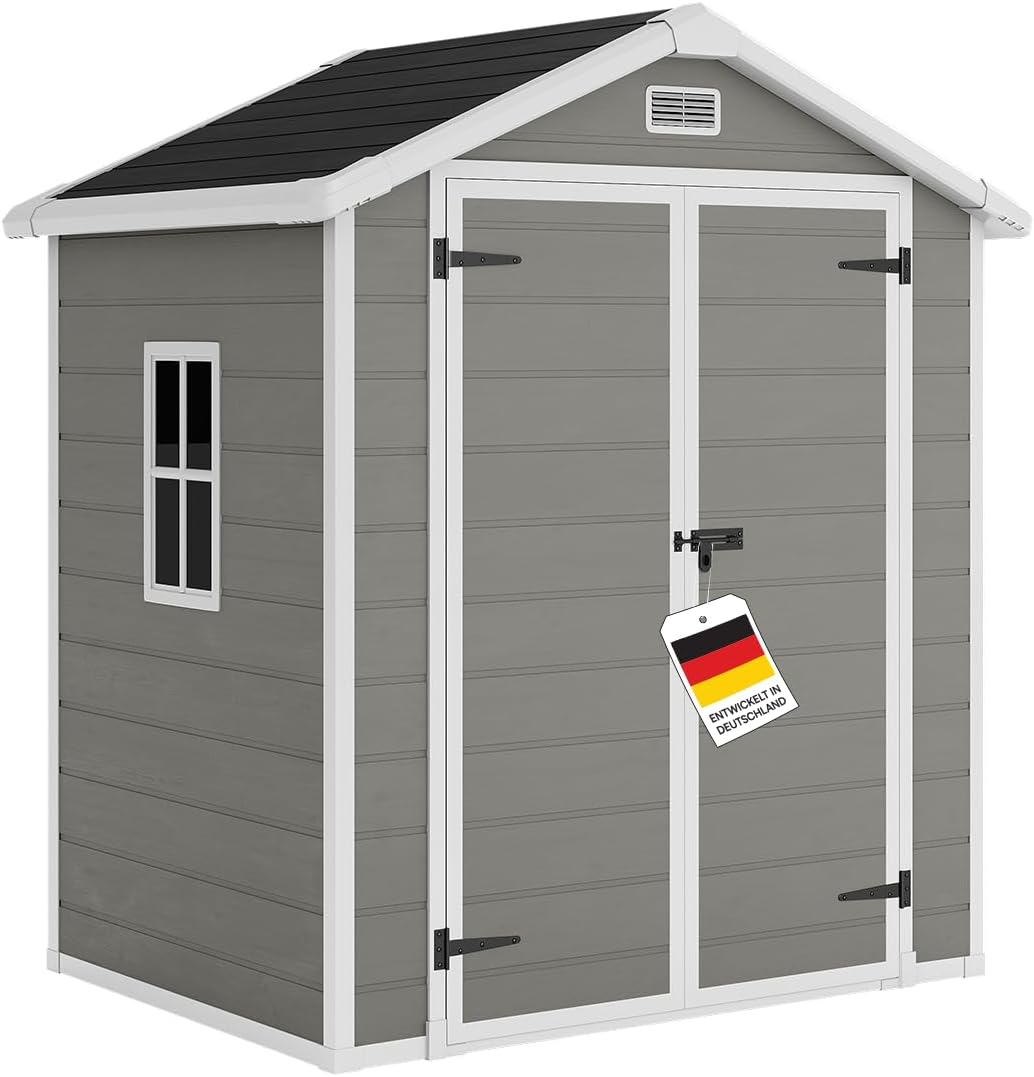 Abrigo de jardim, STEELSØN, Novara, 182 × 134 cm, 134 cm, 205 cm, 210 cm, 170 × 123 × 205 cm, plástico, Preto, para utilização no exterior