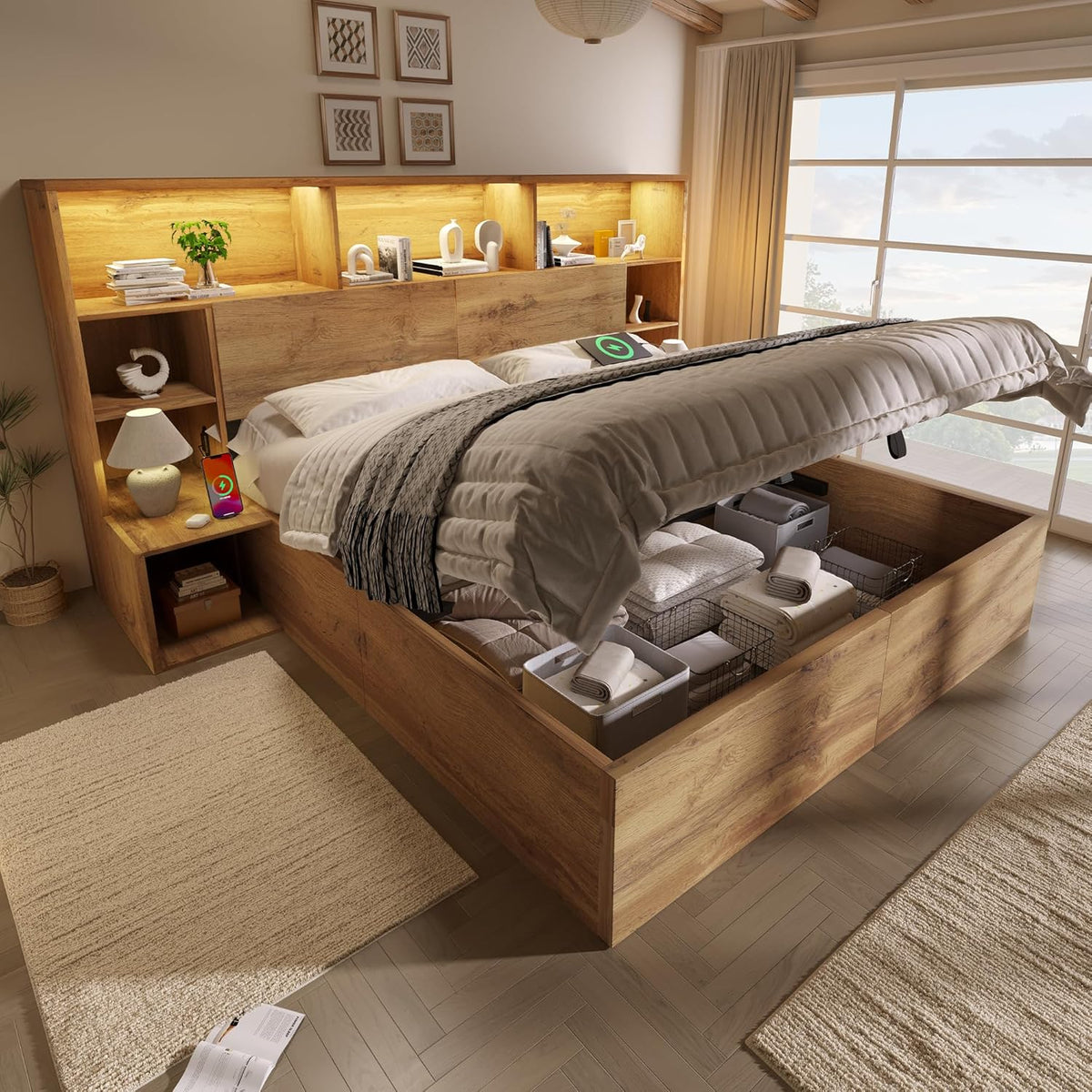 Cama, ANIROY, Doppelbett, 180 × 200cm, 200 cm, 160 × 200 cm, com iluminação LED, com comando à distância, com prateleiras, madeira, Eiche