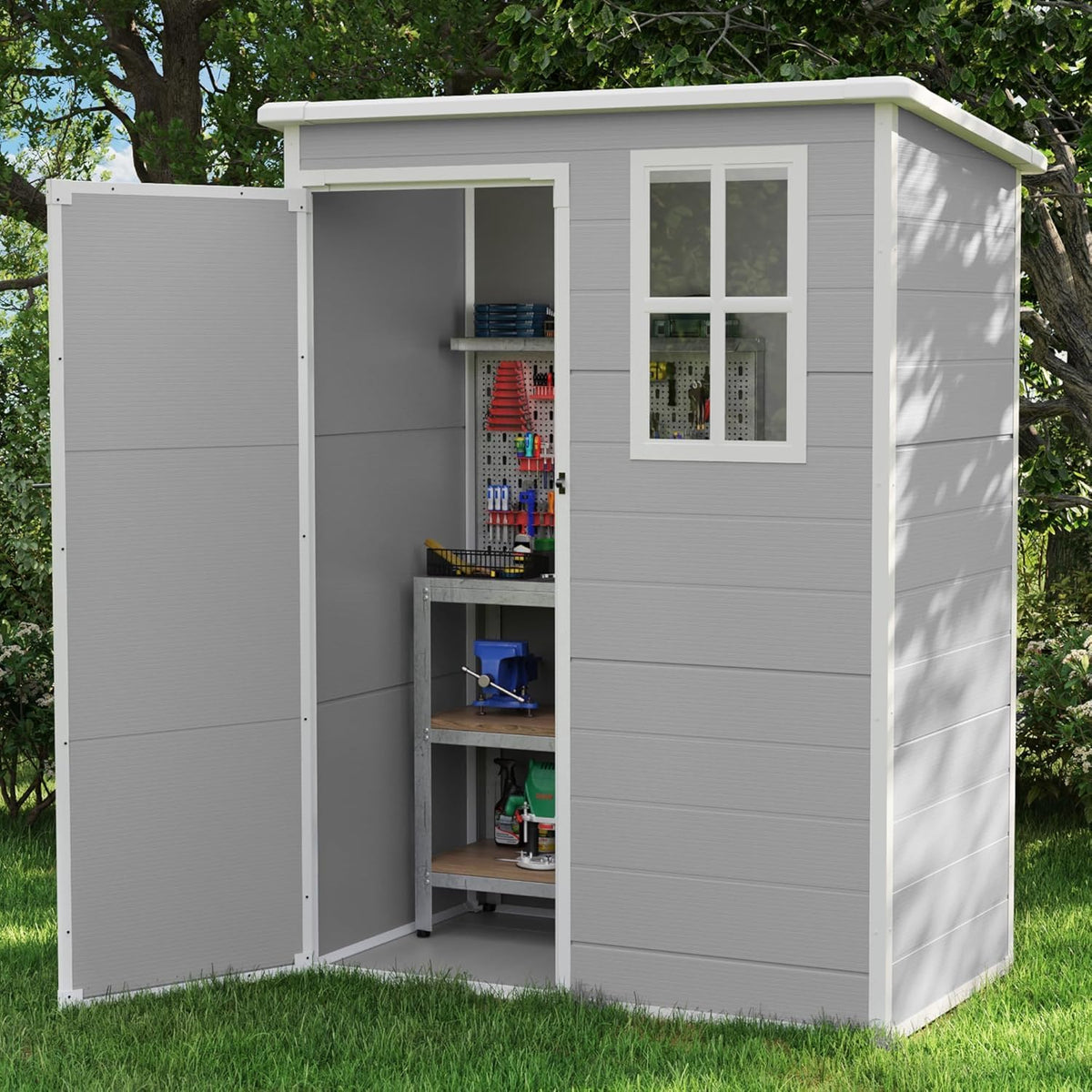 Abrigo de jardim, UDPATIO, Gartenhaus, 192 cm, 152 × 92 × 192 cm, resistente à água, aço, plástico, Branco, para utilização no exterior
