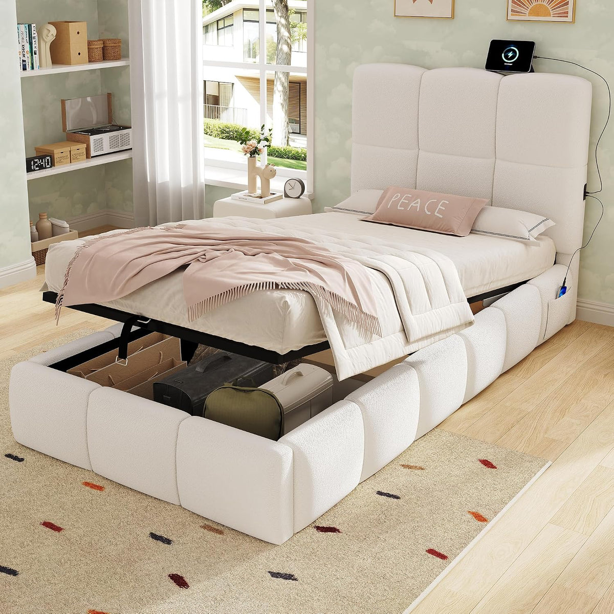 Cama, Merax, Kinderbett, 90 × 200cm, sem colchão, tecido, Bege, para o quarto